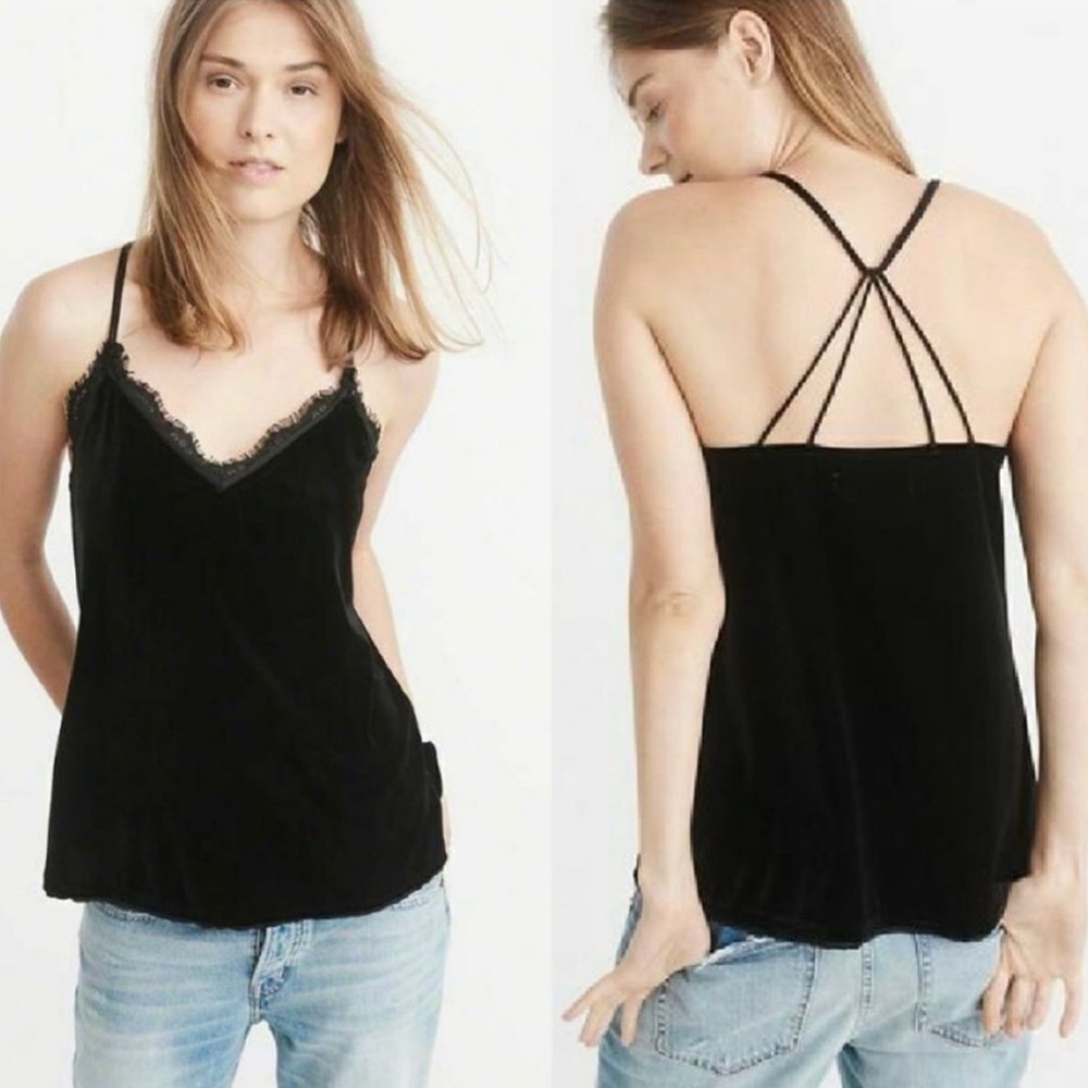 Abercrombie & Fitch Black Velvet Lace Trim Criss Cross Strappy Back Tank Top